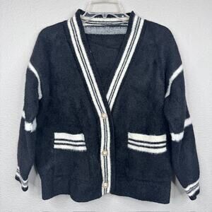 Cozy Varsity Black Large Knit Cardigan Long Sleeve Striped Pockets